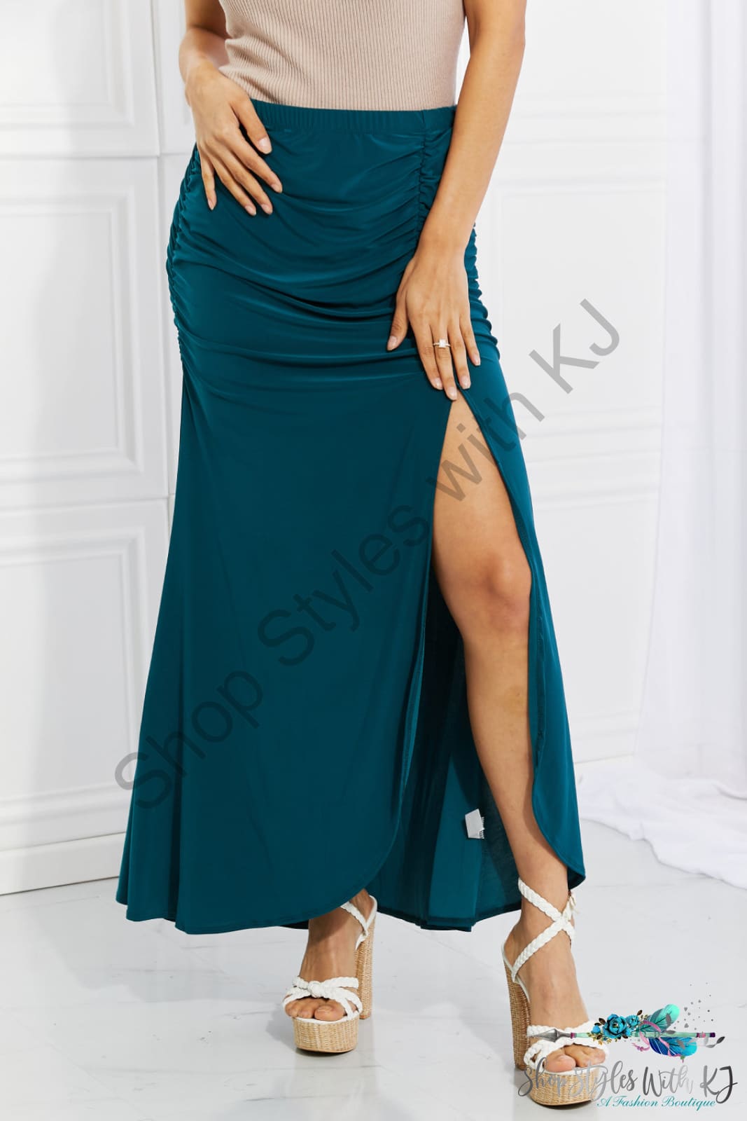 Up And Ruched Slit Maxi Skirt In Teal / S Skirts