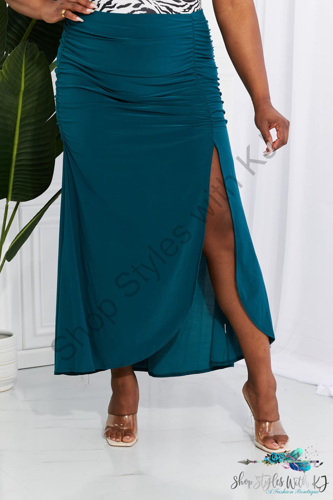 Up And Ruched Slit Maxi Skirt In Teal Skirts