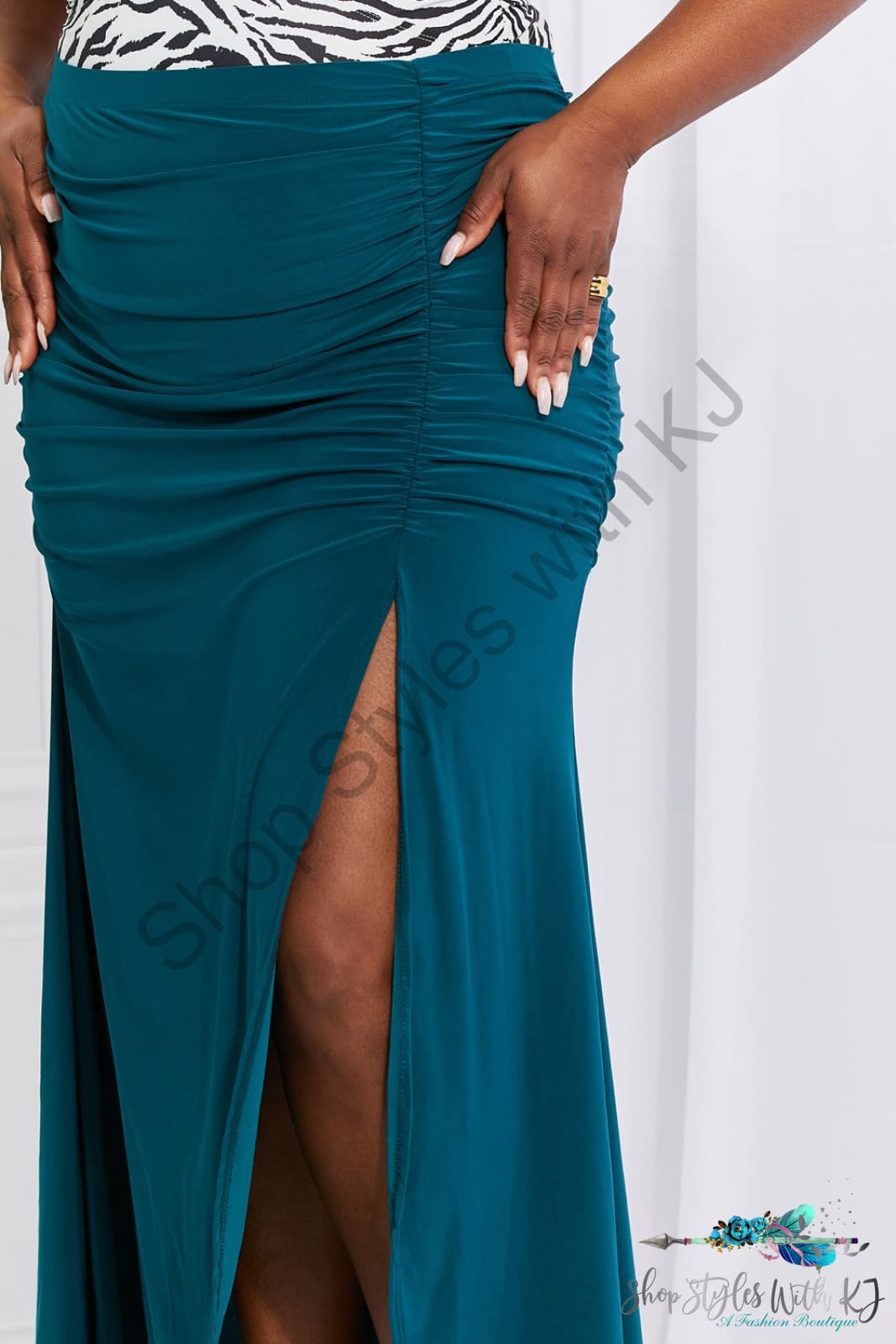Up And Ruched Slit Maxi Skirt In Teal Skirts