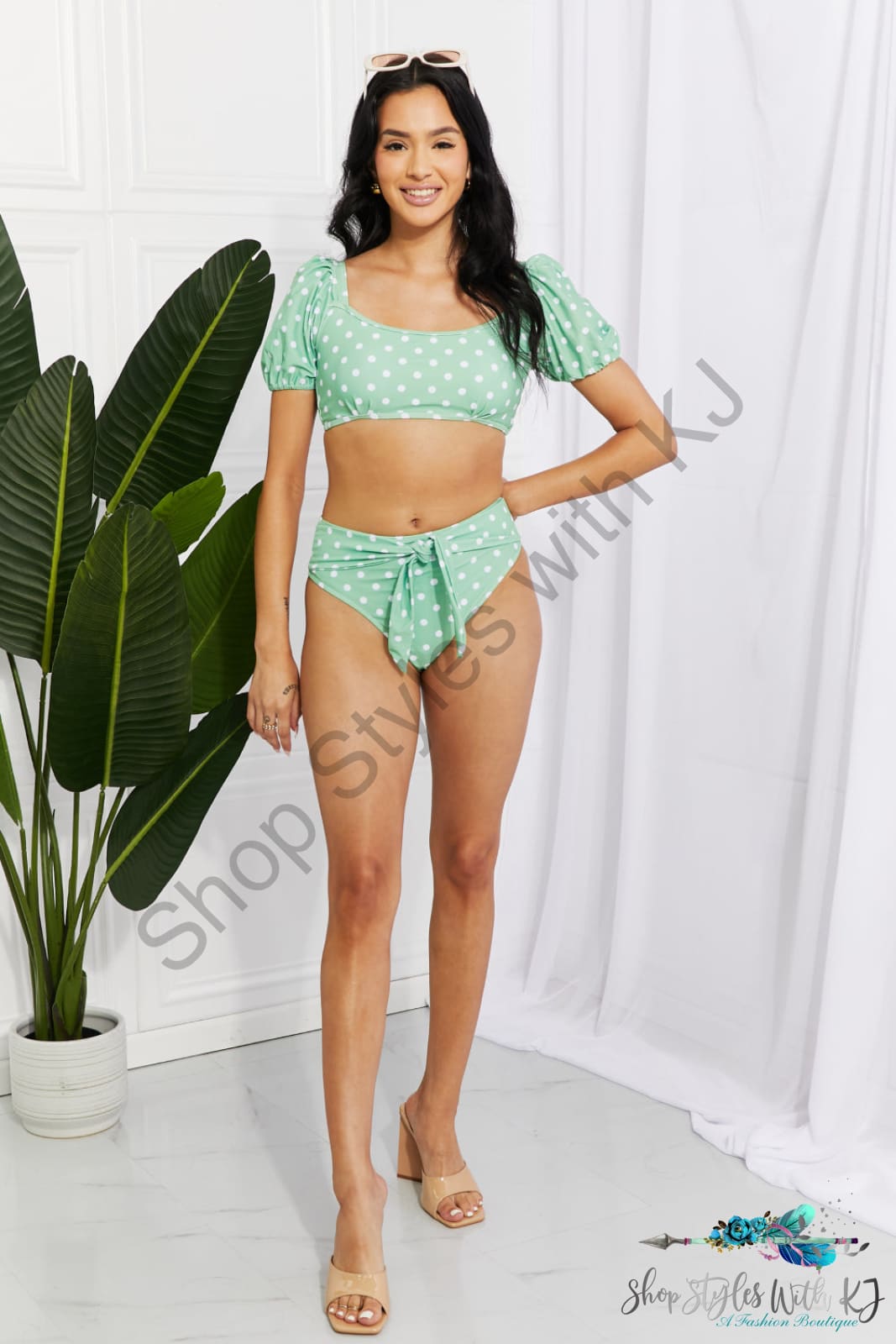 Vacay Ready Puff Sleeve Bikini In Gum Leaf Swimwear