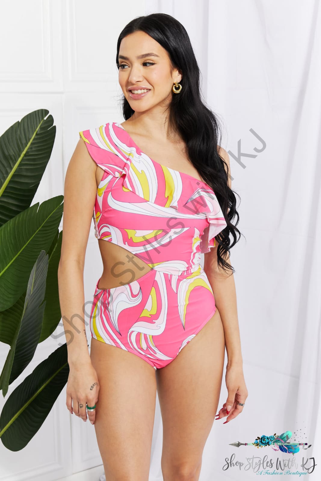 Vitamin C Asymmetric Cutout Ruffle Swimsuit In Pink Carnation / Xs Swimwear